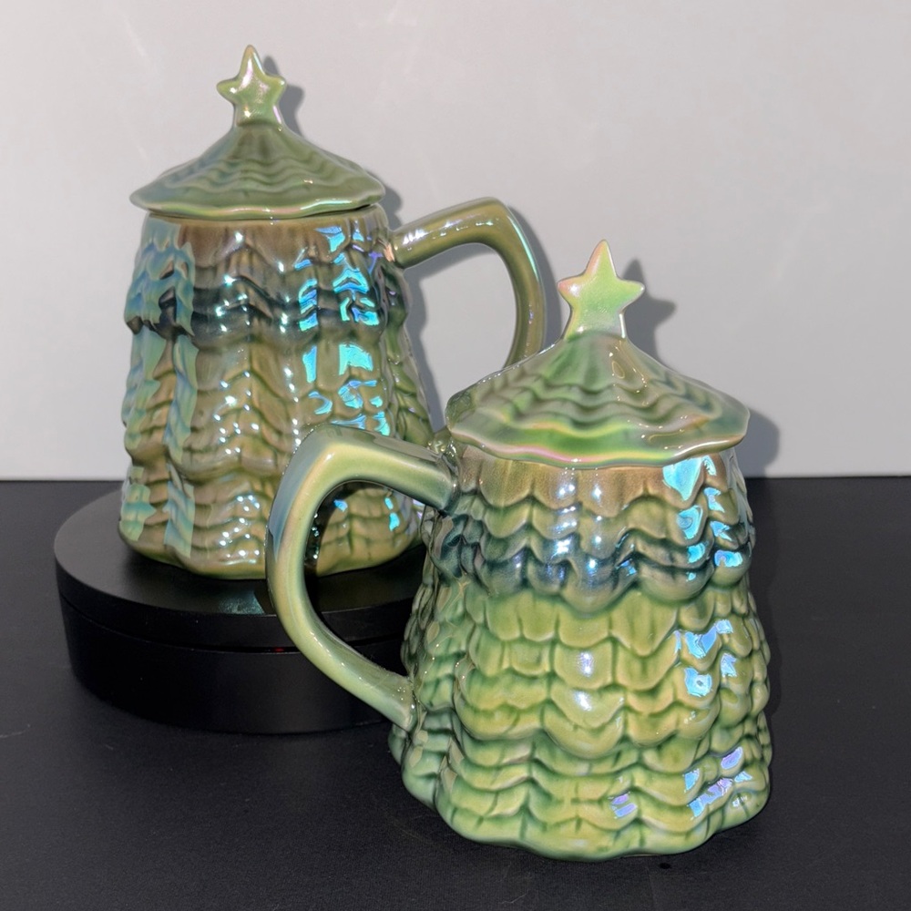 Anthropologie Iridescent Merry Luster Tree Lidded Stoneware Mugs Green Set